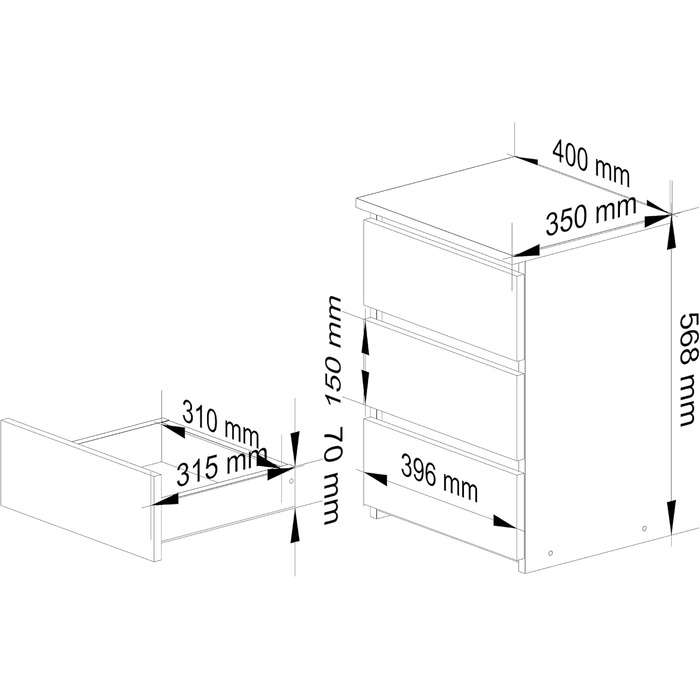 Тумбочка AKORD Комод CL-3, 3 шухляди, 40x57x35 см, 26 кг, Графіт Сірий/Дуб Артизан