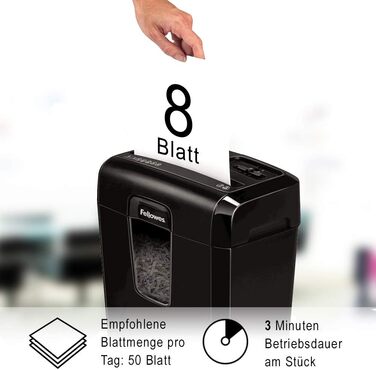 Fellowes LX50 – Шредер для офісу та дому, 8 листів, Cross Cut, 17л кошик, чорний