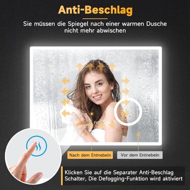 Дзеркало для ванної кімнати SONNI з підсвічуванням 80x60 см, 3 кольори світла, проти запотівання, LED, сенсорне керування, годинник, температура, 3-кратне збільшення