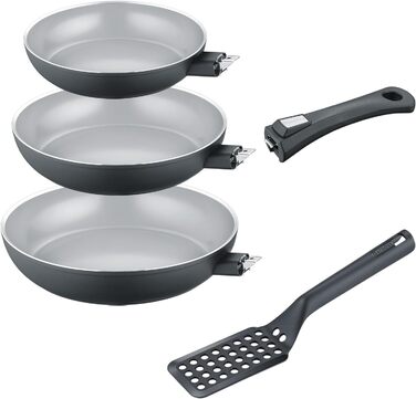 Набір сковорідок Berndes b.perfect 2 шт. – універсальна сковорода 24/28 см, знімний ручка, підходить для всіх плит, антипригарне покриття, алюміній, без PFAS, чорний (в комплекті 4 шт. з лопаткою)