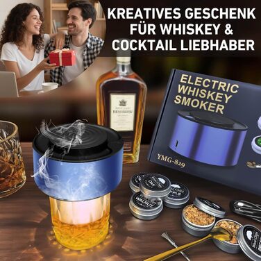 Електричний набір для копчення віскі з 6 дерев'яними чіпсами, перезаряджуваний, з вбудованим запальничкою, без бутану, ідея подарунка для чоловіків, батька, чоловіка або друга, з LED-підсвічуванням (блакитний)