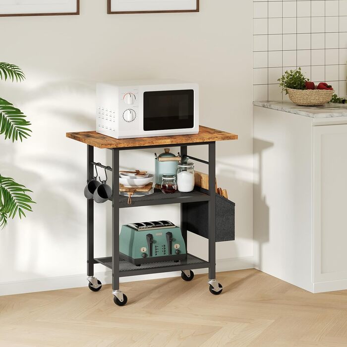 Трирівневий стіл для принтера з ящиком, контейнер на коліщатках, стійка для принтера, полиця для зберігання, в стилі індустріального лофту, з бічною кишенею, дерев'яна полиця, 2 S-гачки, для домашнього офісу, рустикально-коричневий та чорний, APTHR2501, 5