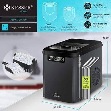 Машина для приготування льоду KESSER® з нержавіючої сталі, 12 кг/24 год, швидка підготовка (7 хв), 2.2 л бак, 2 розміри кубиків льоду, LED-дисплей, самоочищення, аксесуари, антрацит