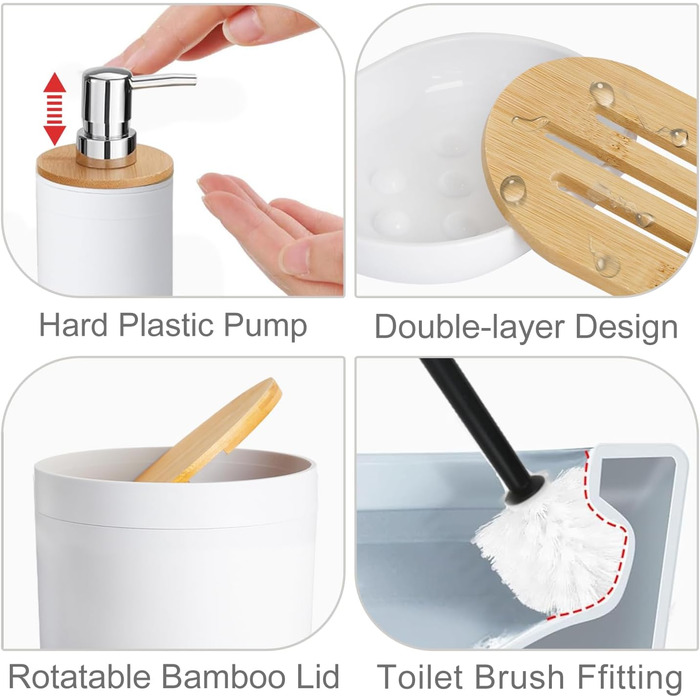 CERBIOR Набір аксесуарів для ванної кімнати з бамбука, 6 предметів: мильниця, тримач для зубних щіток, стакан для ополіскування, дозатор для лосьйону, флакон, сміттєвий бачок, щітка для унітазу, білий