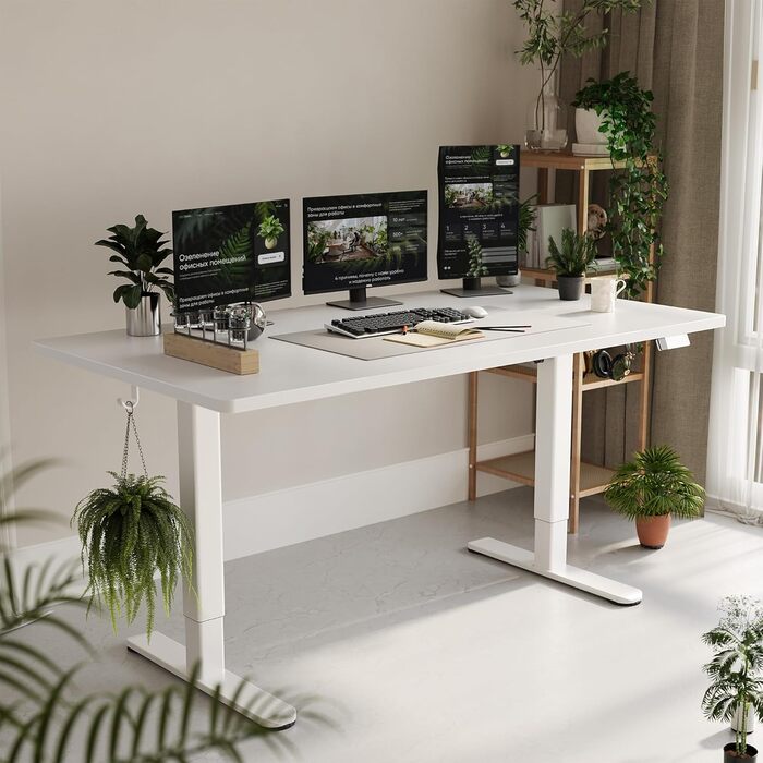 Регульований стіл Claiks для офісу, 120x60 см, білий, 80 кг, 3 положення пам'яті, з гачками