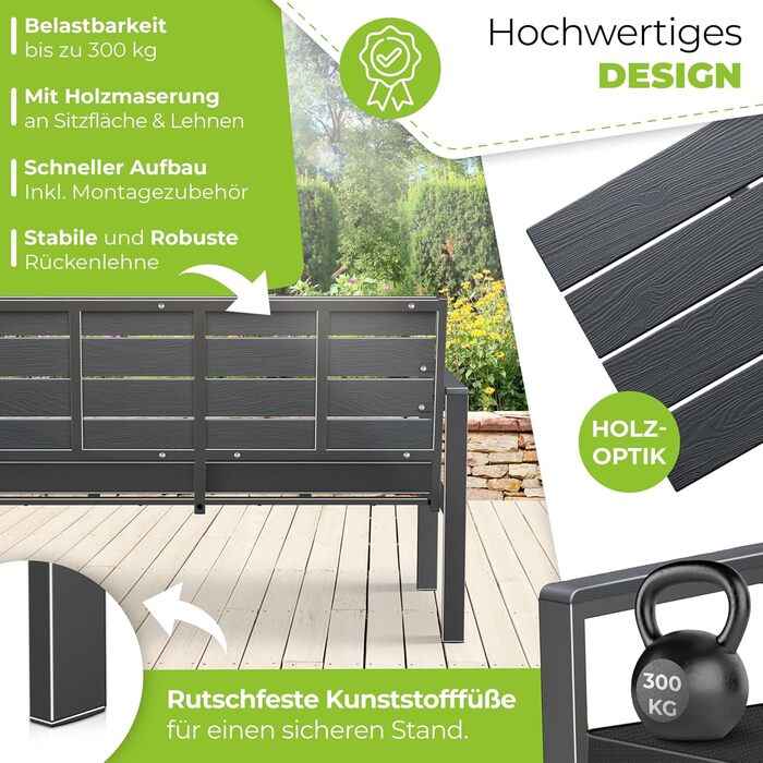 Садова лавка KESSER® з подушкою – лавка для відпочинку на вулиці, 2 місця, паркова лавка з імітацією дерева, для балкона, тераси, саду, вантажопідйомність до 300 кг, стійка до УФ, знімний та пральний чохол, антрацит / антрацит
