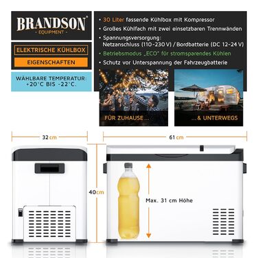 Автохолодильник Brandson ECO Kompressor XXL 30л електричний 12/24V – охолодження до -22°C для авто, кемпінгу, вантажівок, човнів (білий)