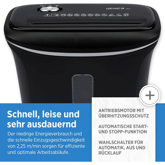 Шредер Genie 480X: знищувач документів, 8 листів, P-4, автоматичний, 12л, захист від перегріву