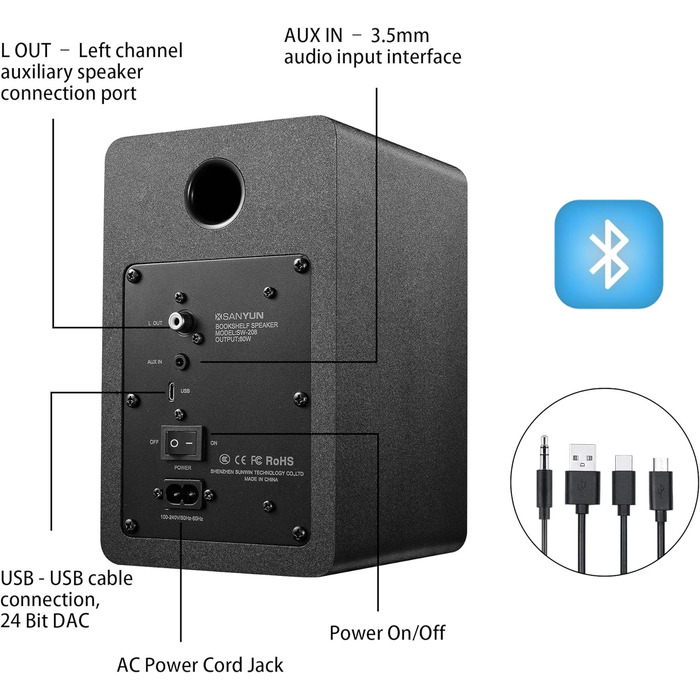 Поличкова акустика Sanyun SW208 3 Bluetooth 5.0, 60 Вт, 24-бітний ЦАП, 3D об'ємний звук, чорний (пара)