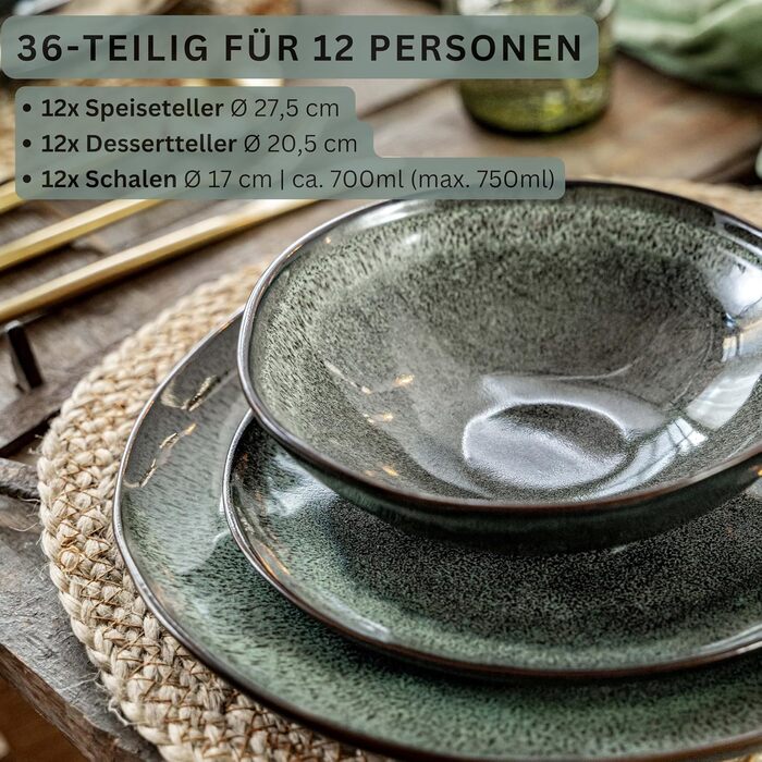 Набір посуду SÄNGER Teller Set Kopenhagen 24 елементи, 8 осіб, керамічний сервіз (тарілки для вечері, сніданку, супу), зелений/сірий, PREMIUM COLLECTION