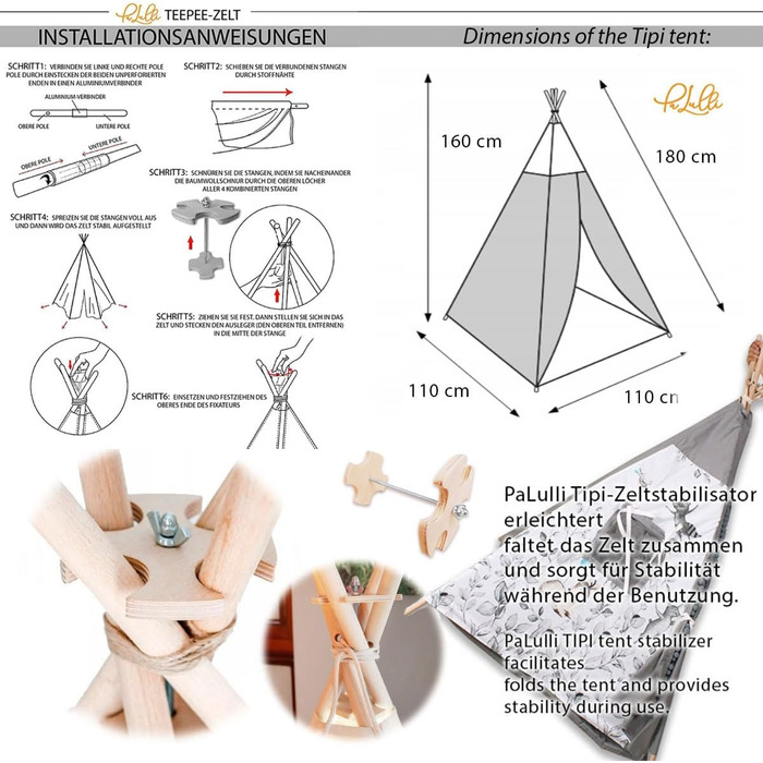 Дитяче намет PaLulli® Tipi з бавовни, з м'яким килимком, системою стабілізації, лампою-ліхтарем та декоративними подушками (сірий зі зірками)