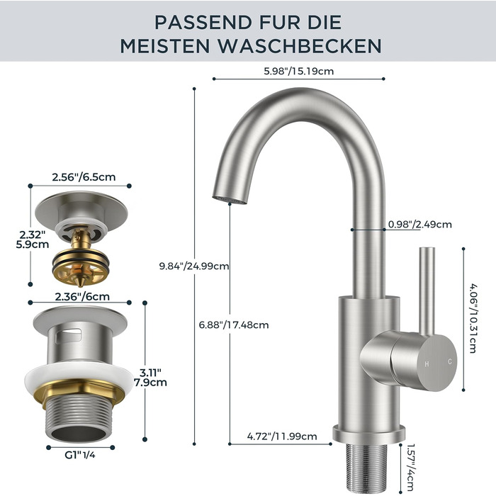 Змішувач для ванної кімнати/кухні FORIOUS Hoch 360° з нержавіючої сталі, з підйомом 175 мм, з підключенням до гарячої та холодної води, для мийки, для дому та кемпінгу