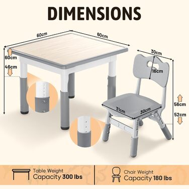 Дитячий стіл зі стільцями, дитяча група сидіння, регульована по висоті з HDPE та ABS, багатофункціональний дитячий стіл для дітей від 2 до 10 років, ергономічний набір столу та стільця для дитячої кімнати, 60*60 см, сірий