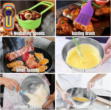 Набір мисок для змішування зі нержавіючої сталі (7 шт.) з кришками та 3 тертки - об'єм 4.5, 4, 3.5, 2.1, 1.5, 1.1, 0.7 QT. Набір кухонних помічників для приготування, випікання та подачі їжі. (Багатобарвний)