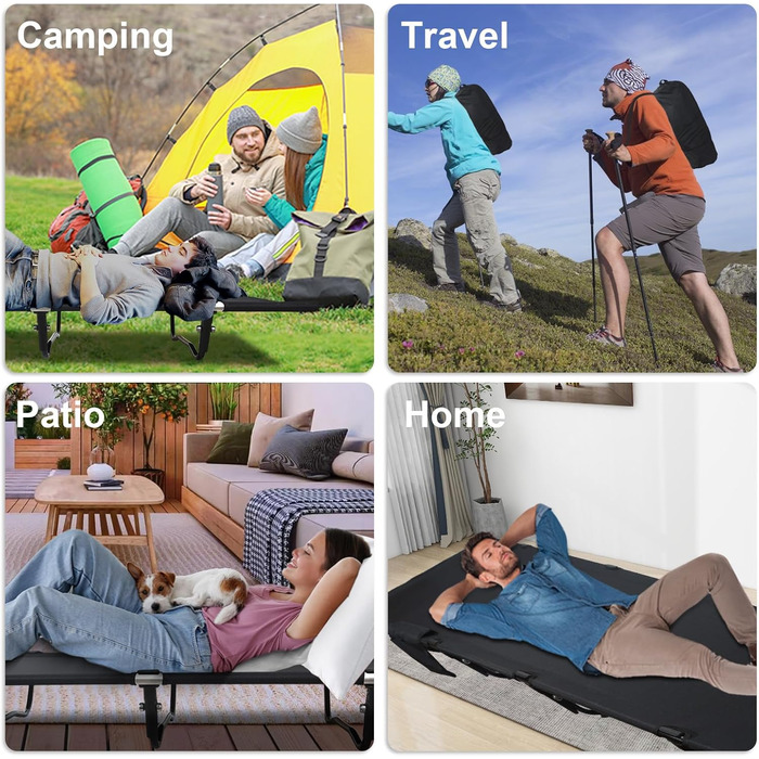 Польове ліжко для кемпінгу Ultraleicht, складане розкладне ліжко для відпочинку на природі та дому, максимальне навантаження 160 кг, чорне