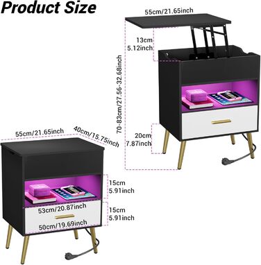 Тумбочка з розеткою, USB, LED, регульована по висоті, жовті ніжки, 1 ящик, 50x40x78-97см