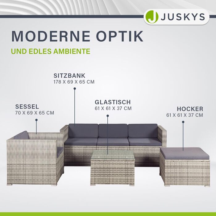 Садовий набір меблів Juskys Polyrattan Punta Cana для 4-5 осіб: диван, крісло, пуф, стіл, подушки - Чорно-сірий (меланж / темно-сірий)