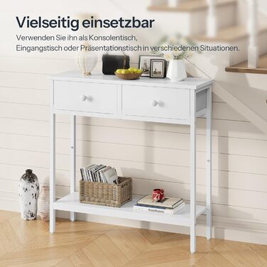 HOOBRO Консольний столик, вузький бічний столик з 2 висувними ящиками з тканини, 75 см, столик для передпокою, журнальний столик для дивану в індустріальному стилі, для передпокою, вітальні, коридору, білий EWW71XG01