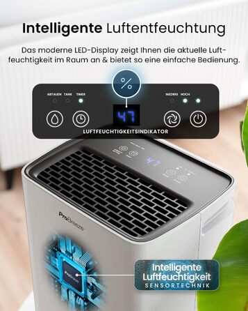 Електричний осушувач повітря Pro Breeze 20L - для дому, від вологи та цвілі, з функцією прання, таймером, фільтром, смарт-додаток, до 35 м²