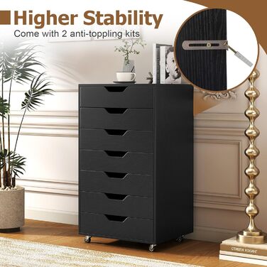 Роликовий контейнер GIANTEX з 5 висувними ящиками, офісний шафка для документів на колесах, тумба під стіл з дерева, стіл-принтер для дому та офісу (Білий, Чорний), 49 x 40 x 87 см