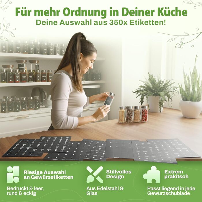 Набір скляних баночок для спецій, 24 шт. по 120 мл, нержавіюча сталь, з етикетками та воронками