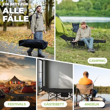 Розкладне кемпінгове ліжко NORDICTRAILS XXL з м'яким матрацом, чорне (190 x 70 см) — зручне ліжко для відпочинку на природі, риболовлі та гостей