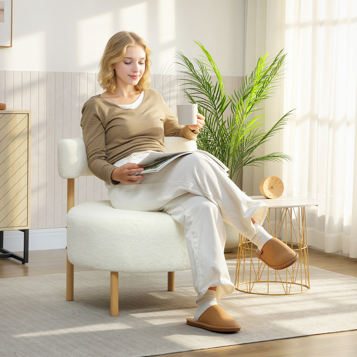 Крісло-шезлонг з м'якою оббивкою з флісу шерпа, металевими ніжками з імітацією дерева, 67 x 67 x 71 см, кремовий