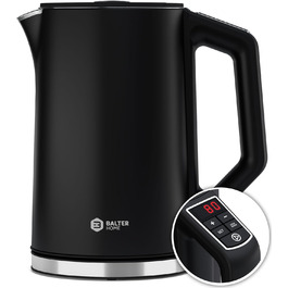 Електричний чайник BALTER з регулюванням температури, 1.5L, 2200W, білий/чорний, нержавіюча сталь, подвійні стінки, BPA free, бездротовий
