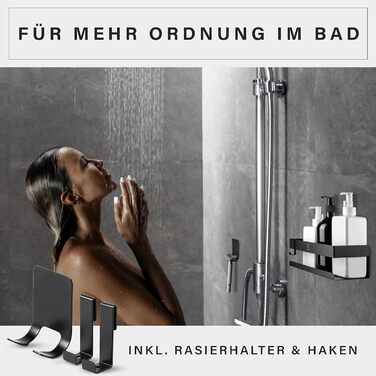Поличка для душу Bad Duschablage без свердління - тримач для шампуню з нержавіючої сталі з оригінальними клейкими панелями 3M, 2 рухомі гачки, додатковий тримач для бритви (Чорний нержавіюча сталь)
