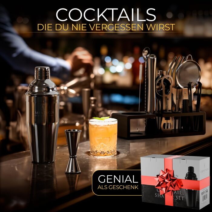 Набір для коктейлів Schwarz, 700 мл шейкер Cobbler з нержавіючої сталі, безпечне виливання, професійний набір шейкерів для коктейлів з підставкою та книгою рецептів, набір для барменів Signature Set чорного кольору