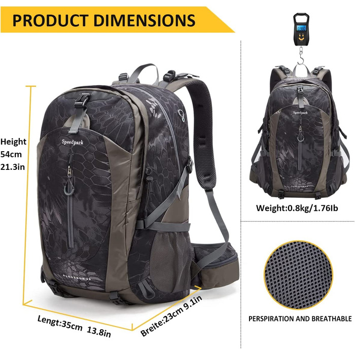 Водонепроникний рюкзак YTL для чоловіків і жінок, легкий рюкзак на відкритому повітрі об'ємом 40 л, підходить для подорожей і кемпінгу (розміри 21,3 x 13,8 x 9,1 дюйма) (Чорний камуфляж)