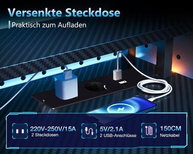 Ігровий стіл Coleshome з ящиками, 151x50 см, LED-підсвічуванням та розеткою, стіл для комп'ютера з полицями та підставкою для монітора, карбон, чорний