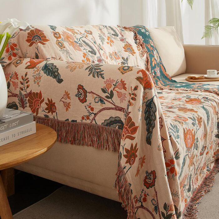 Богемна ковдра Softexly Boho Decke 100% бавовна – двостороння муслінова ковдра 150x200 см, м'яка софа/ліжко, естетичний дизайн, для вітальні та спальні, помаранчевий/зелений (230 x 250 см, Квіткова мелодія)