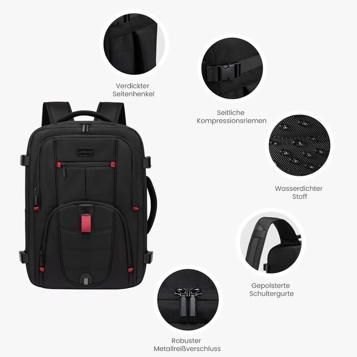 LOVEVOOK Рюкзак для ручної поклажі, дорожній рюкзак чоловічий/жіночий, 40л з відділенням для ноутбука, чорний, 45 x 32 x 20 см