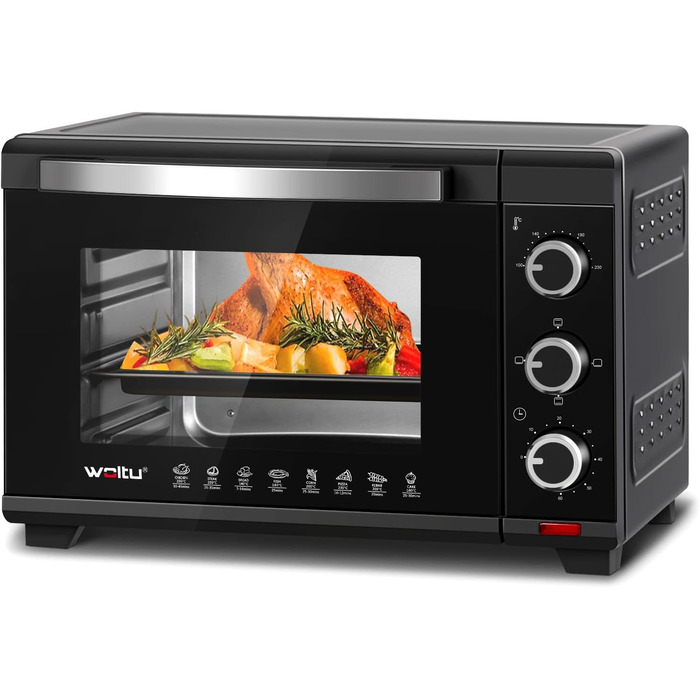 Міні-піч WOLTU 28 л, піч для піци 1600 Вт, 100-230 °C, таймер 0-60 хв, 3 режими нагріву, з деко, решіткою, підсвічуванням крихт, підйомником решітки, чорна