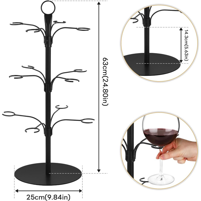 Стійка для келихів YCWF – 3 яруси, 12 келихів, для шампанського, коктейлів, маргарити (чорна)
