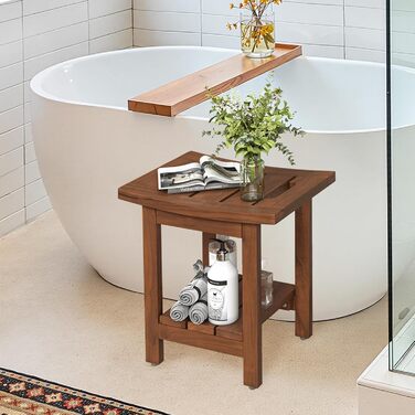 Дзеркальний табурет для душу LUE BONA з масивного теку, 39.9x29.5x41.4 см, коричневий