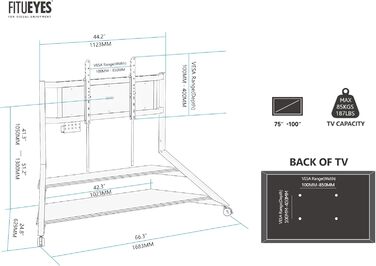 Рулонна підставка для телевізора FITUEYES 75-100 дюймів, 85 кг, регульована по висоті, з полицею та кабельним менеджментом, горіх