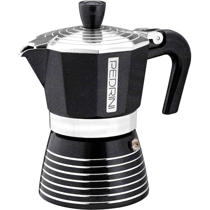 Алюмінієва кавоварка PEDRINI Infinity, Еспресо-плита кольору Moka, Розмір 2 чашки, розміри 13,5 x 9 x 15 см, італійський дизайн, силіконова прокладка для харчових продуктів (3 таза, чорний)