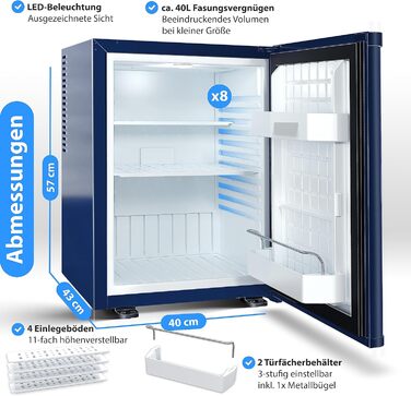 Міні-холодильник KESSER 40 л, тихий 22 дБ, з можливістю замикання, 4-16C, 57 см, внутрішнє освітлення, темно-синій