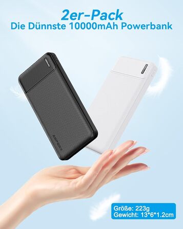 Набір з 2 шт. , тонкий, USB-C, 4 порти, сумісний з iPhone, Samsung, ЧорнийБілий, 10000mAh