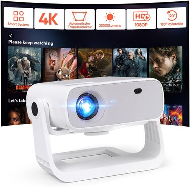 Розумний проєктор Beamer 4K Full HD 1080P, 25000 люмен, Android 11, WiFi 6, BT 5.2, поворотний штатив 120°, для iOS/Android/Laptops, сірий