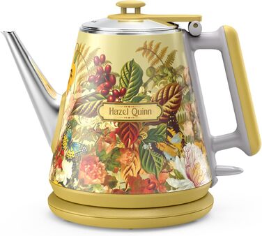 Електричний чайник Hazel Quinn, 1 л, ретро-дизайн, з нержавіючої сталі 304, 1360W, білий перламутровий (жовтий з квітковим візерунком), BPA-free, автоматичне вимкнення
