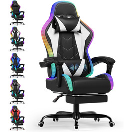 Ігровий крісло Devoko з LED підсвічуванням, білий. Ергономічний офісний крісло з функцією масажу, телескопічною підніжкою, регулюванням спинки 90-135°, вантажопідйомність 150 кг