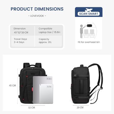 LOVEVOOK Рюкзак ручної об’єм 40л для подорожей, рюкзак-валіза з відділенням для ноутбука, чорно-сірий, 45 x 32 x 20 см