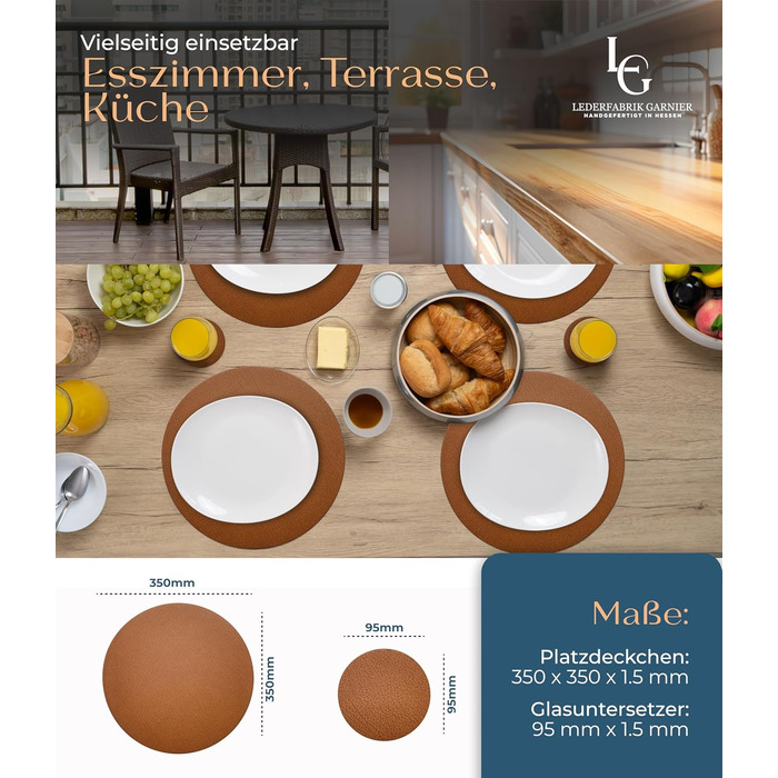 Набори серветок Garnier® з екошкіри, 4 шт. – Миючі, стійкі, з антиковзаючим покриттям – З екологічної переробленої шкіри, Made in Germany (круглі)