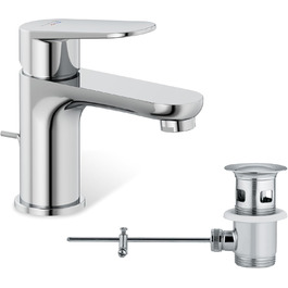 Змішувач для ванної кімнати KLUDI-X1 з витяжним зливом, висота виливу 75 мм, водозберігаючий кран, розмір S, керамічний картридж, для раковини, з підвідними шлангами, хром S