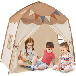 Дитяче намет-будиночок HOMASIS для гри в приміщенні, з 20 зірками, 12 стрічками, килимком, 2 вікнами та шторами, для дівчаток та хлопчиків (колір: коричневий)