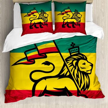 Набір підковдр Rasta, прапор растафарі Judah Lion, алергіки із захистом від кліщів, які підходять з наволочками, жовто-чорний (200 см x 200 см - 80 x 80 см, жовтий, чорний, зелений і червоний)