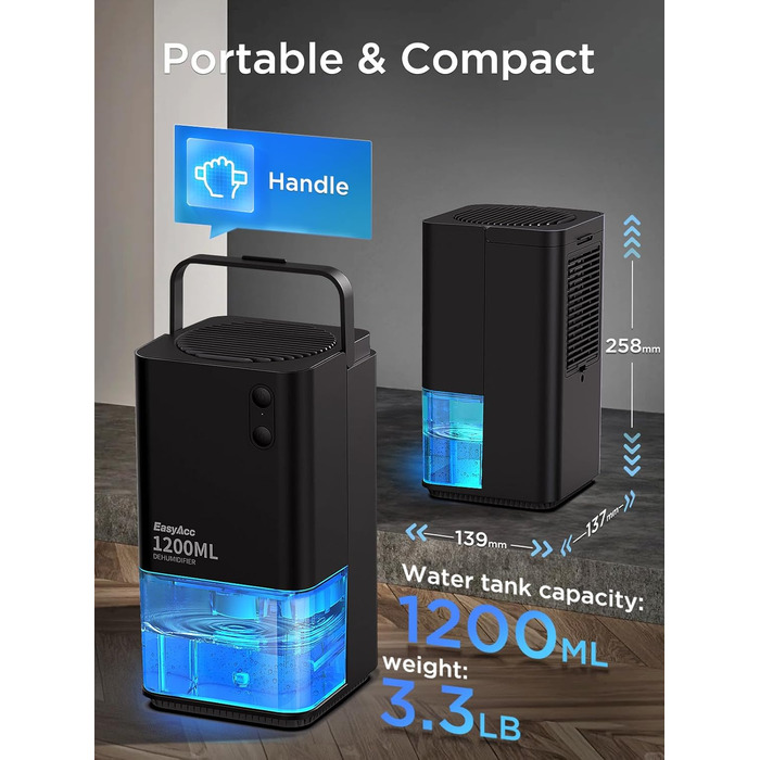 EasyAcc Електричний осушувач повітря 1200 мл, компактний, тихий, портативний, з автовимкненням та режимом сну. Ідеально для офісу та дому. Чорний колір.
